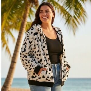 Arvil Hill Dalmatian Print Fleece Hoodie Zip Up Women's XL Black White Cozy